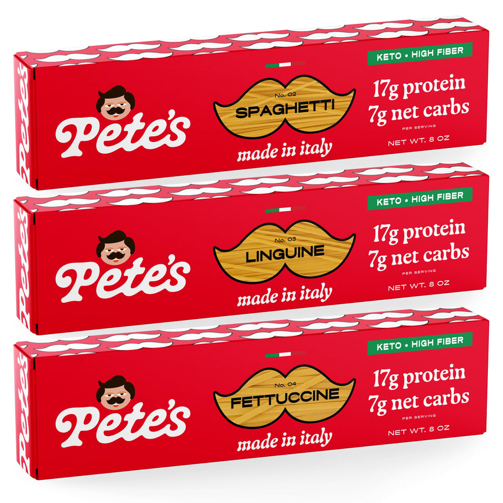Pete's Pasta front packaging showing product name and benefits