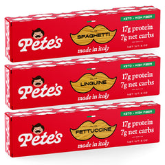 Pete's Pasta front packaging showing product name and benefits