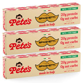 Pete's Pasta front packaging showing keto spaghetti and 3-pack convenience
