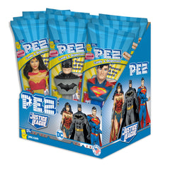PEZ Justice League front packaging showing 12 wrapped dispensers and refill packs, great for parties