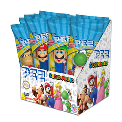 PEZ Nintendo front packaging showing assorted Super Mario dispensers and included candy refills, fun collectible gift
