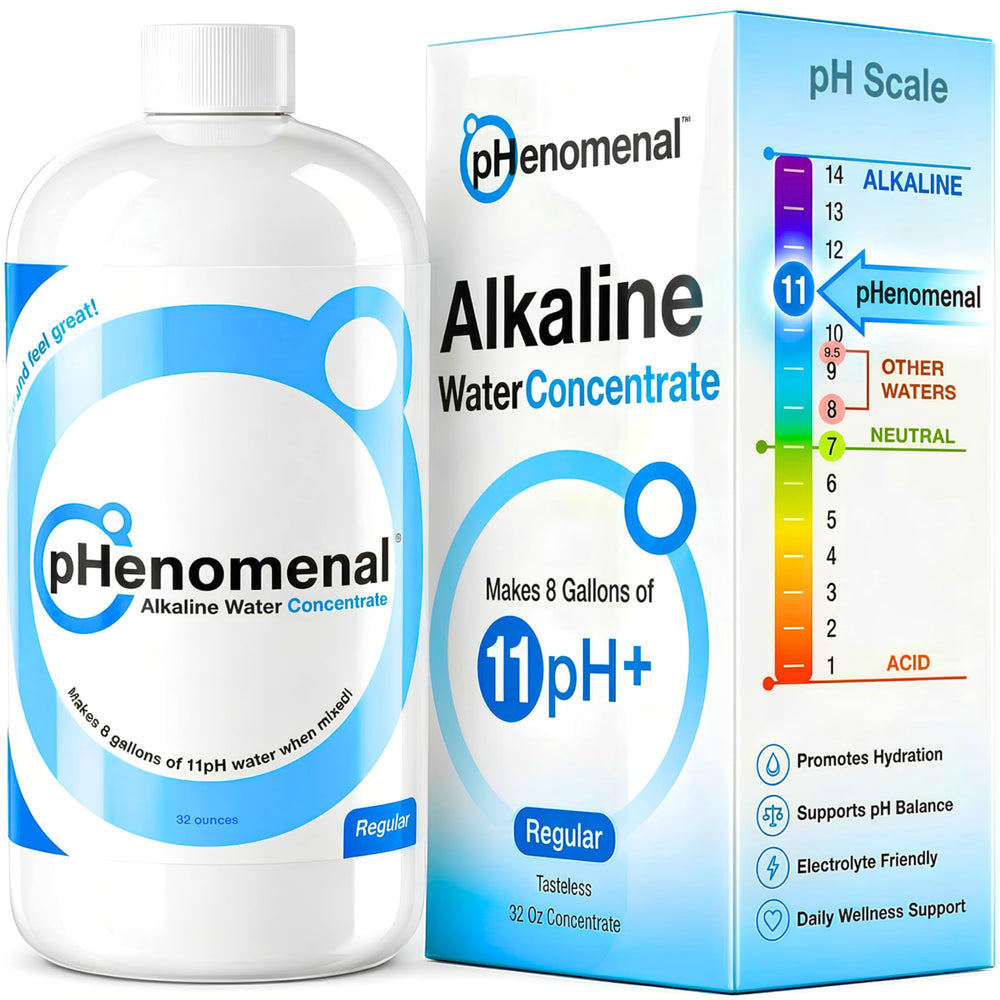 pHenomenal Water front packaging showing 32 oz concentrate and branding benefit