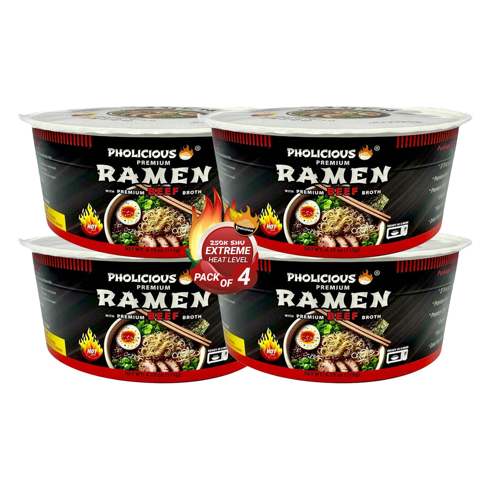 PhoLicious front packaging showing bold spicy beef ramen, highlights convenience