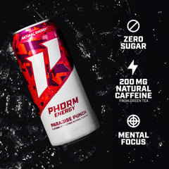 PHORM ENERGY close-up pour emphasizing smooth, foam-free pour for easy drinking