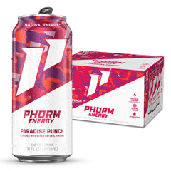 PHORM ENERGY front can showing Paradise Punch branding and vibrant design, eye-catching refreshment