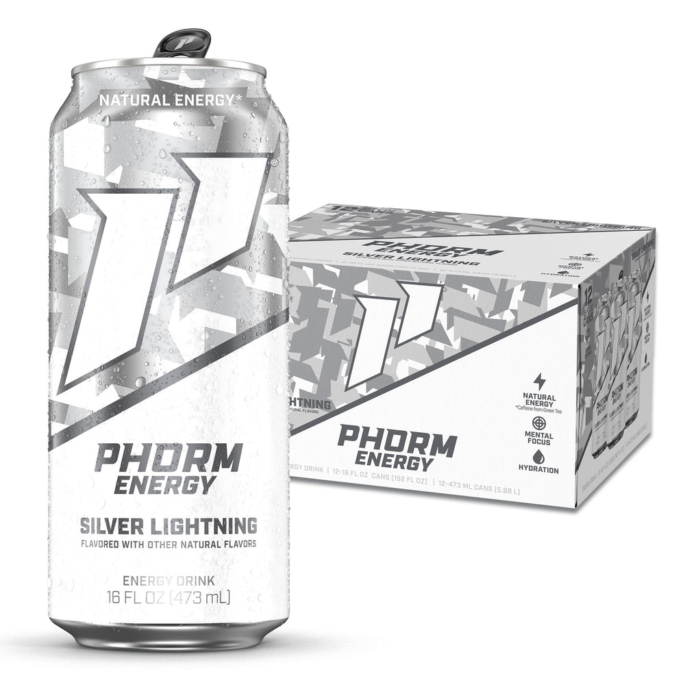 PHORM ENERGY front can showing Silver Lightning branding and bold design benefit of instant recognition
