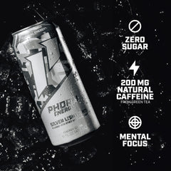 PHORM ENERGY pouring into glass to show clear liquid and benefit of crisp refreshing taste