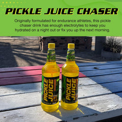 Close-up of Pickle Juice label highlighting ingredients and convenient use benefit