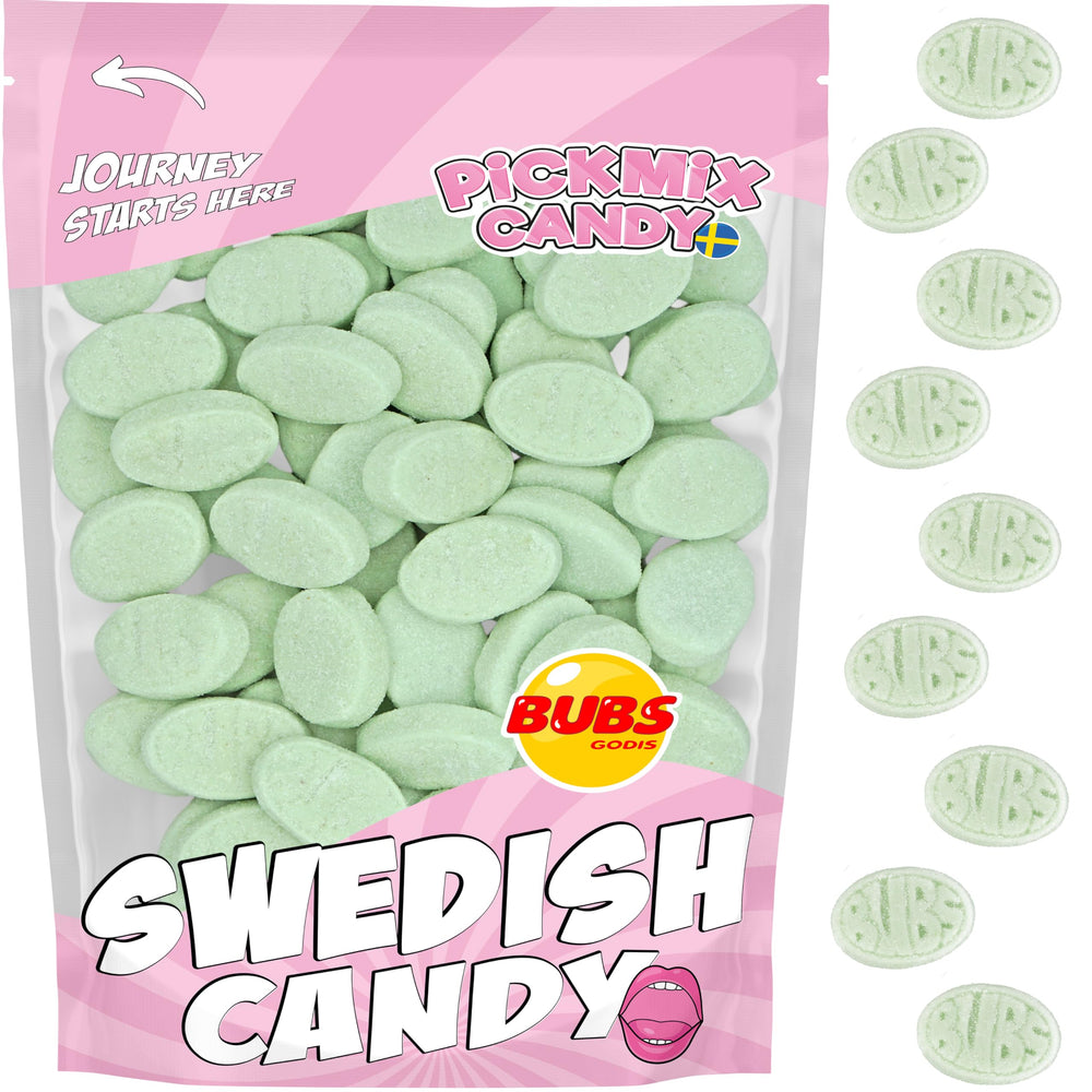 Pickmix Candy Sweden front packaging showing 1 lb BUBS Fruity Pear bag and clear branding