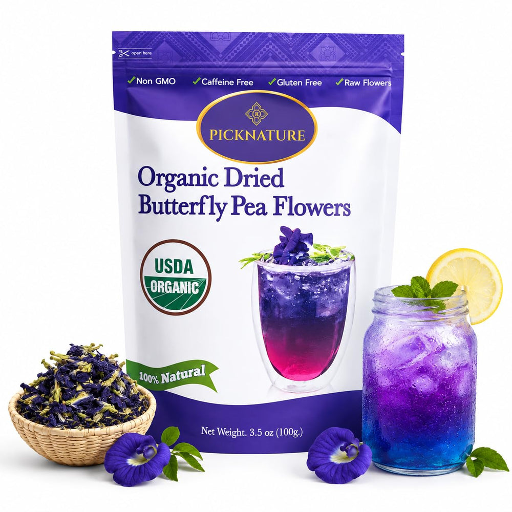 PICKNATURE front pouch showing organic butterfly pea tea, preserves freshness for many cups