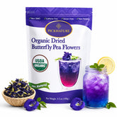 PICKNATURE front pouch showing organic butterfly pea tea, preserves freshness for many cups