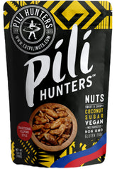 Pili Hunters front packaging showing crisp coconut sugar pili nuts and branding benefit