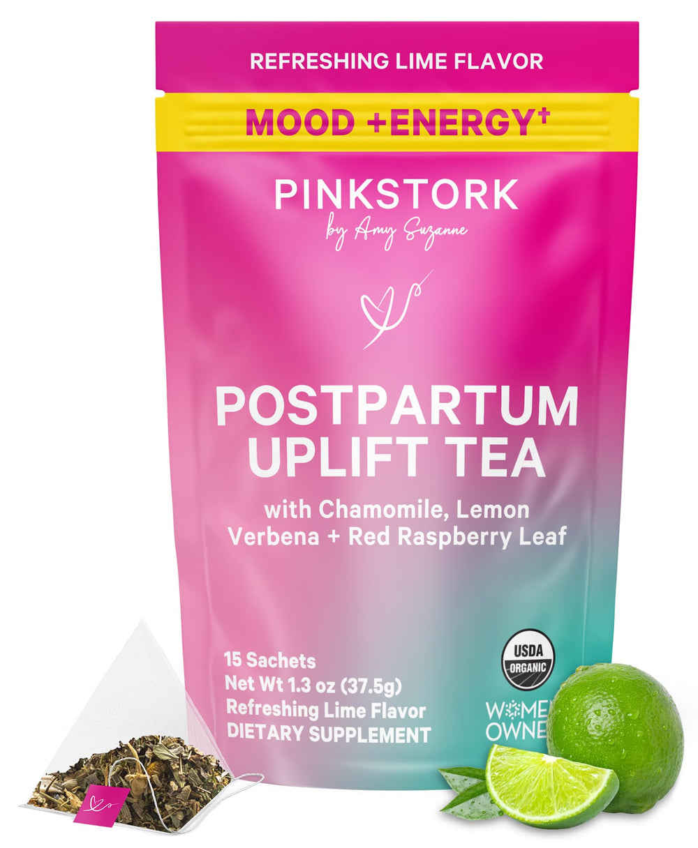 Pink Stork front packaging showing postpartum uplift tea benefits and organic badge