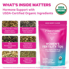 Pink Stork sachet close-up revealing compostable texture and easy steep benefit