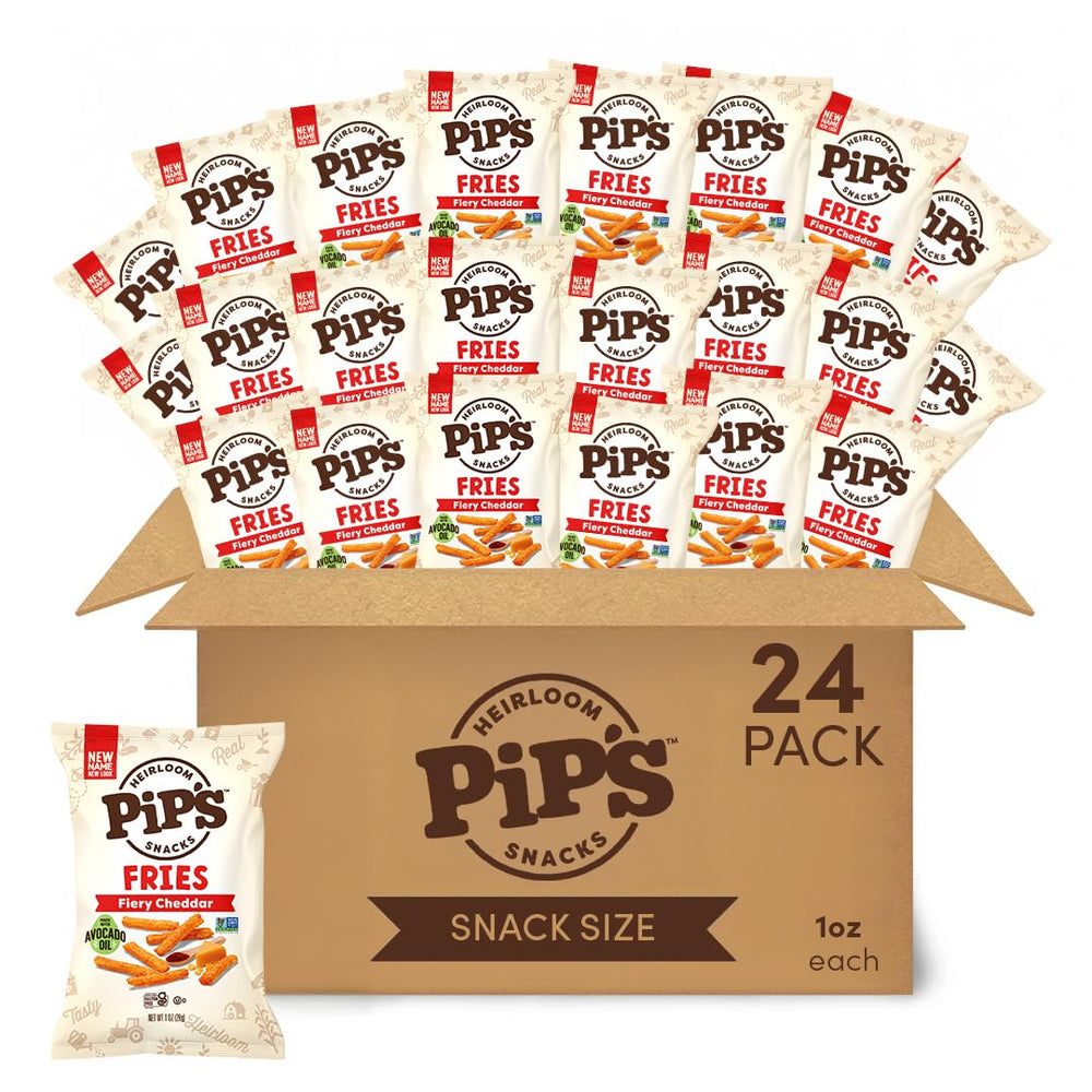 Pipcorn front packaging showing bold Fiery Cheddar branding and single-serve benefit