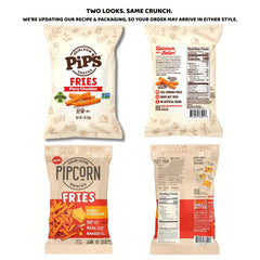 Pipcorn open 1 oz bag with fries spilling out for convenient on-the-go snacking