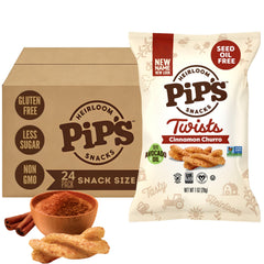 Pipcorn front packaging showing cinnamon churro twists and pack of 24 benefits