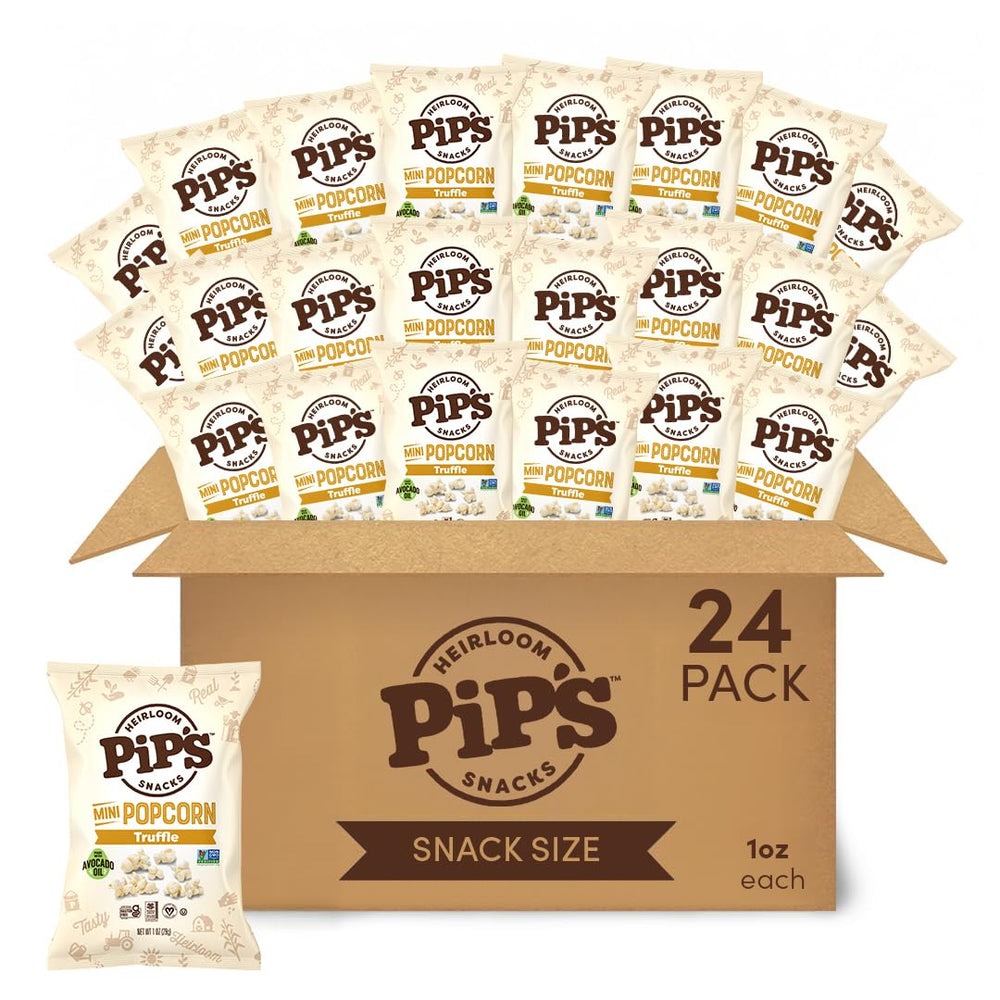 Pipcorn front packaging showing truffle mini popcorn and pack branding benefits
