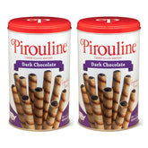 Pirouline tin front view showing brand and dark chocolate flavor, elegant presentation