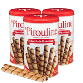 Pirouline front of tin showing chocolate hazelnut wafers and attractive gift-ready packaging