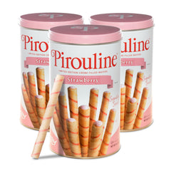Pirouline front tin showing strawberry wafer branding and fresh appeal