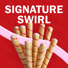 Pirouline open tin revealing neatly arranged strawberry crème rolled wafers