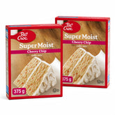 Pistek front packaging showing two sealed cherry chip cake mix boxes and clear labeling for easy baking