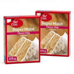 Pistek front packaging showing two sealed cherry chip cake mix boxes and clear labeling for easy baking
