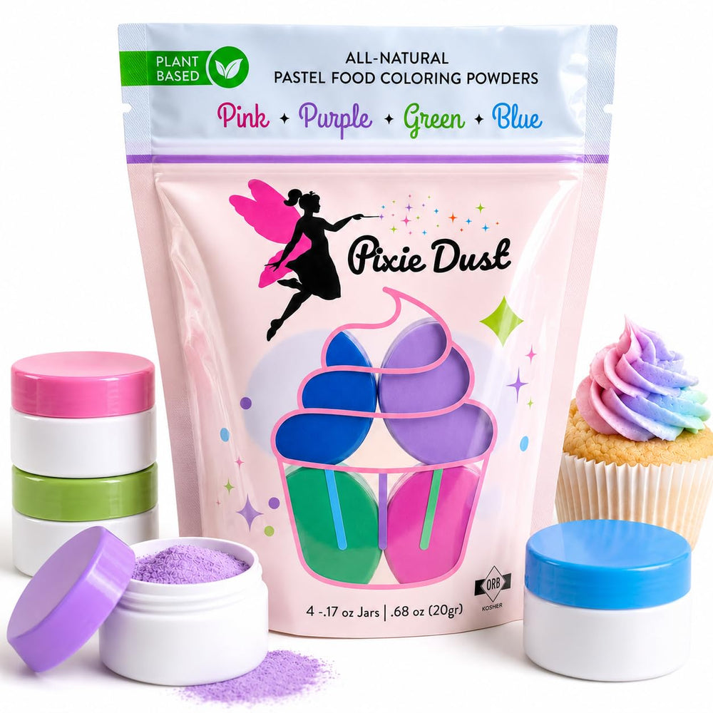Pixie Dust front packaging showing four pastel jars and clear labels for easy selection