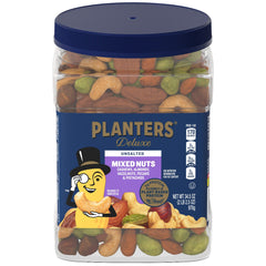 PLANTERS front packaging view showing resealable tub and nut variety, highlights convenience