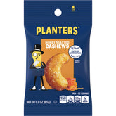 PLANTERS front packaging showing whole honey roasted cashews and serving suggestion benefit: easy grab-and-go