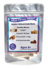 Play Oven Mixes front packaging showing four cookie flavors and kid-friendly design