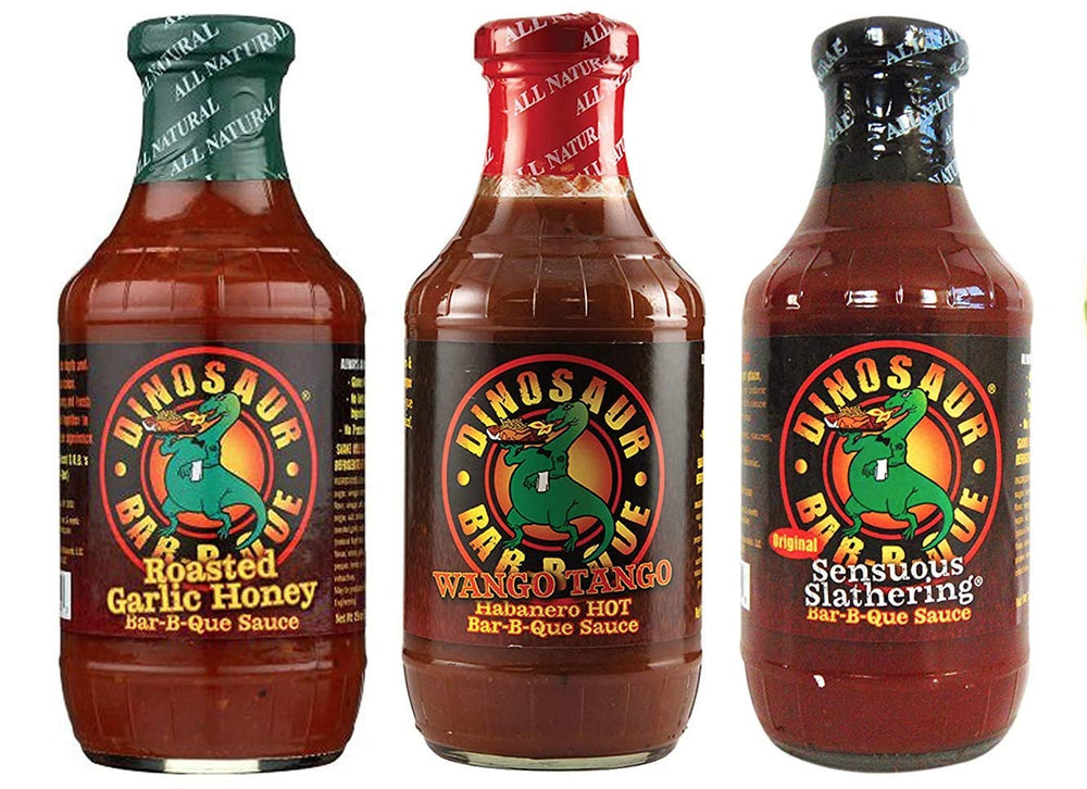 PLmuzsz Dinosaur BBQ front label view showing flavor names and bottle benefit