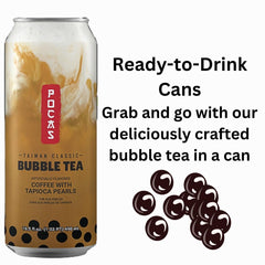Pocas can poured over ice displaying colder refreshing boba enjoyment