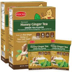 Pocas front packaging showing honey ginger green tea, convenient single-serve benefit