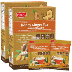 Pocas front packaging showing turmeric honey ginger and two-box set for convenience