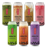 Pocas front packaging showing seven bubble tea cans and variety benefits
