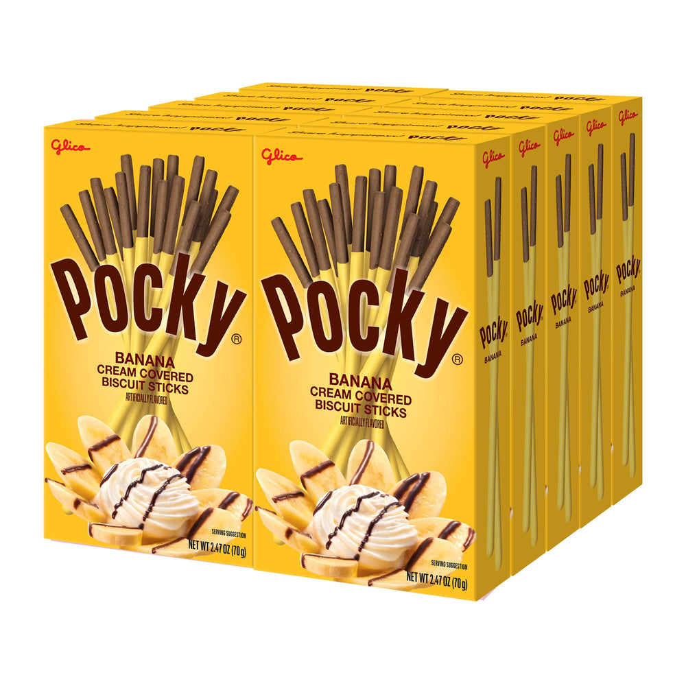 Pocky banana front packaging showing 10 pouches and flavor