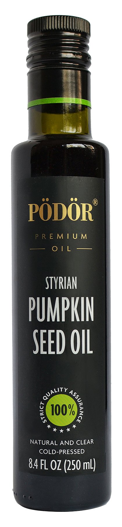 PÖDÖR bottle front view showing premium Styrian pumpkin seed oil and branding benefit