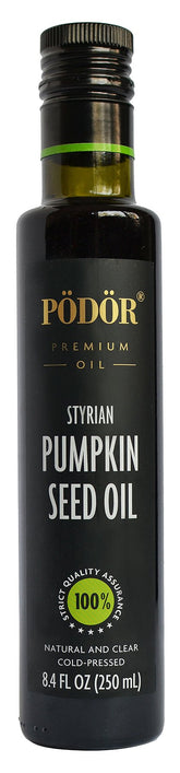 PÖDÖR bottle front view showing premium Styrian pumpkin seed oil and branding benefit