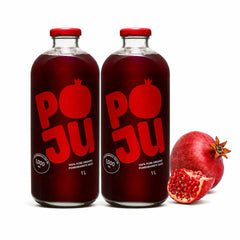 POJU bottle front label showing organic pomegranate juice, clear branding and benefit