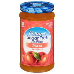 Polaner jar front view showing peach jam and clear labeling benefit of convenience