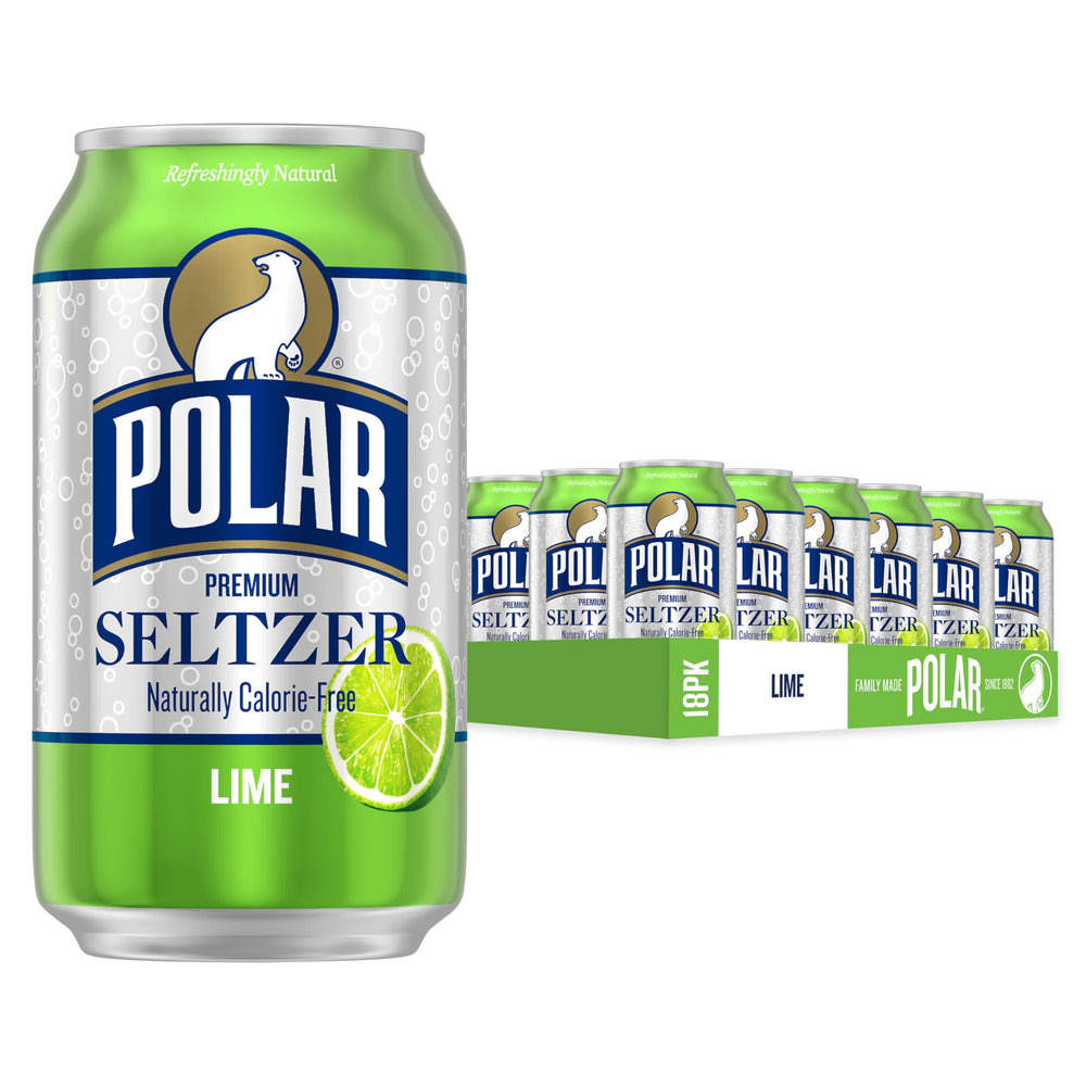 POLAR lime front packaging showing 18-pack and crisp branding for convenience