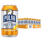 POLAR front pack of orange vanilla seltzer showing branding and can artwork benefits portability