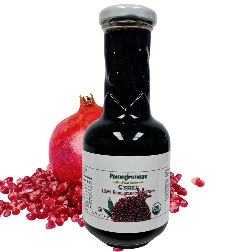 Pomegranaze front bottle showing label and pure organic molasses benefit