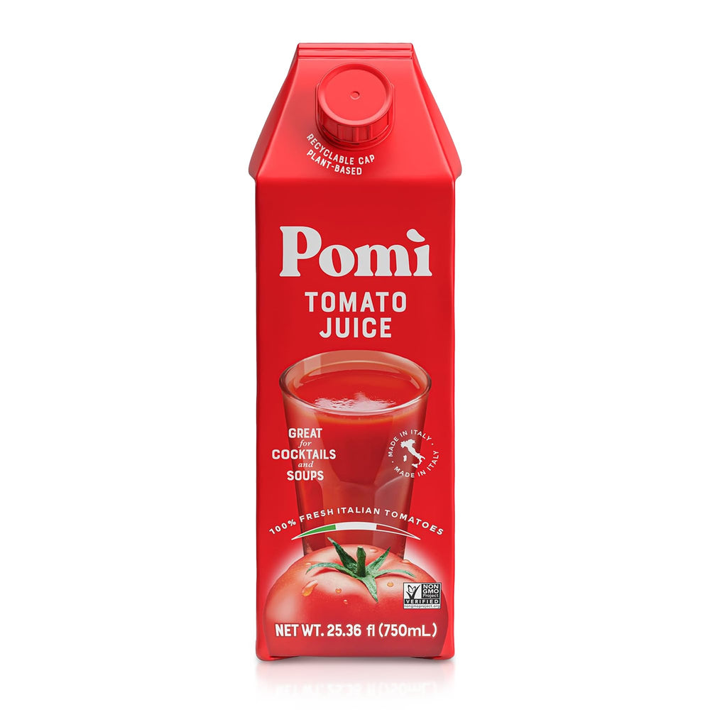 Pomì front packaging showing six-pack and Italian branding benefits freshness