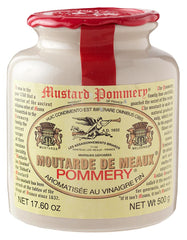 Pommery Meaux stone jar front label showing classic French mustard branding and premium look