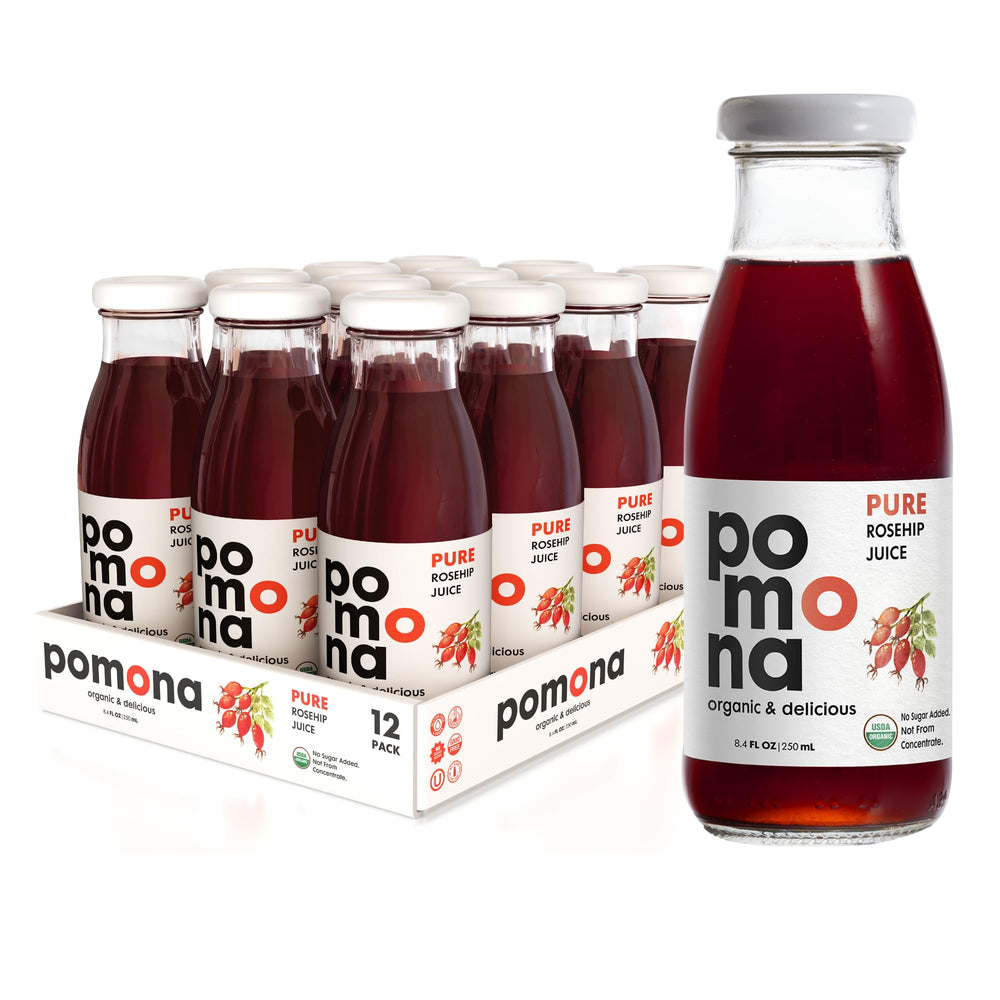 Pomona Organic Juices front bottle view showing label and certifications, clear ingredient benefit