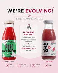 Pomona Organic juices glass bottle close-up highlighting purity and freshness