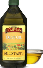 Pompeian bottle front view showing 2 L size and mild flavor benefits
